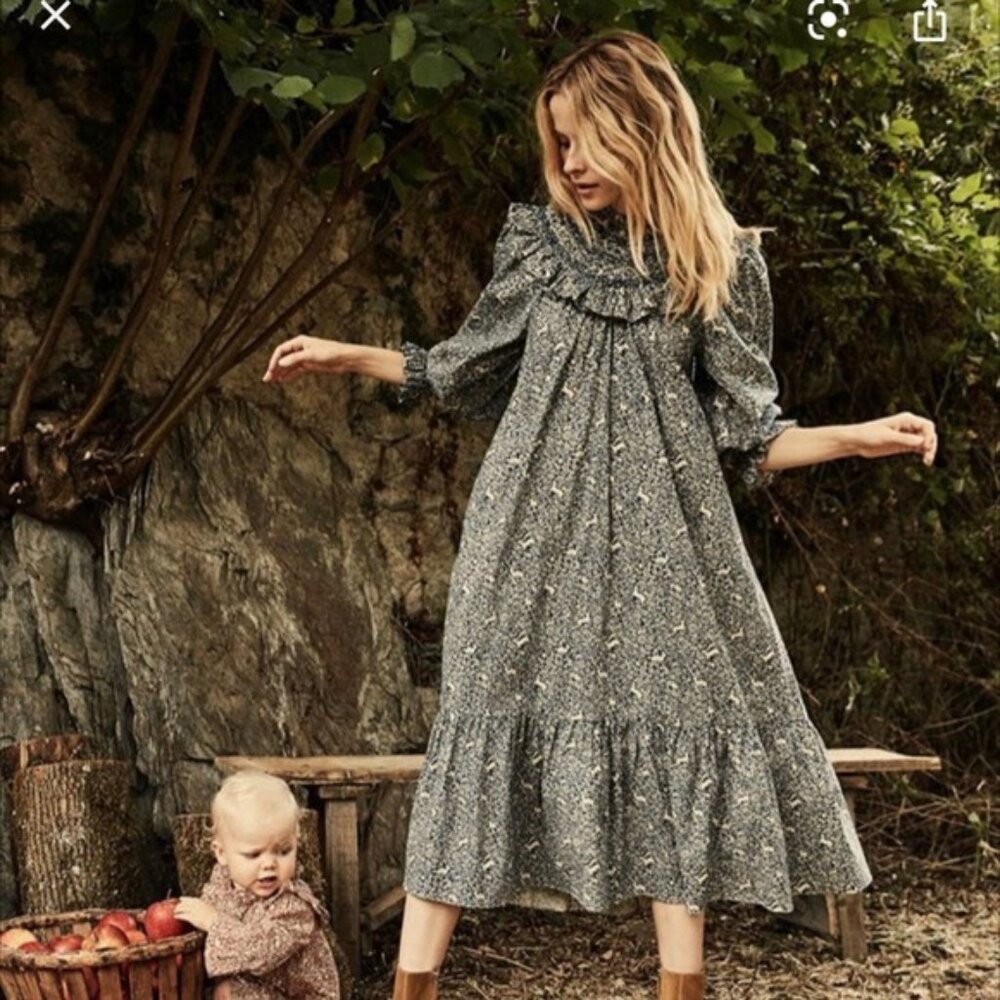 Doen Rosetta Dress Prancing Fawn Print Blue Cream S Rare